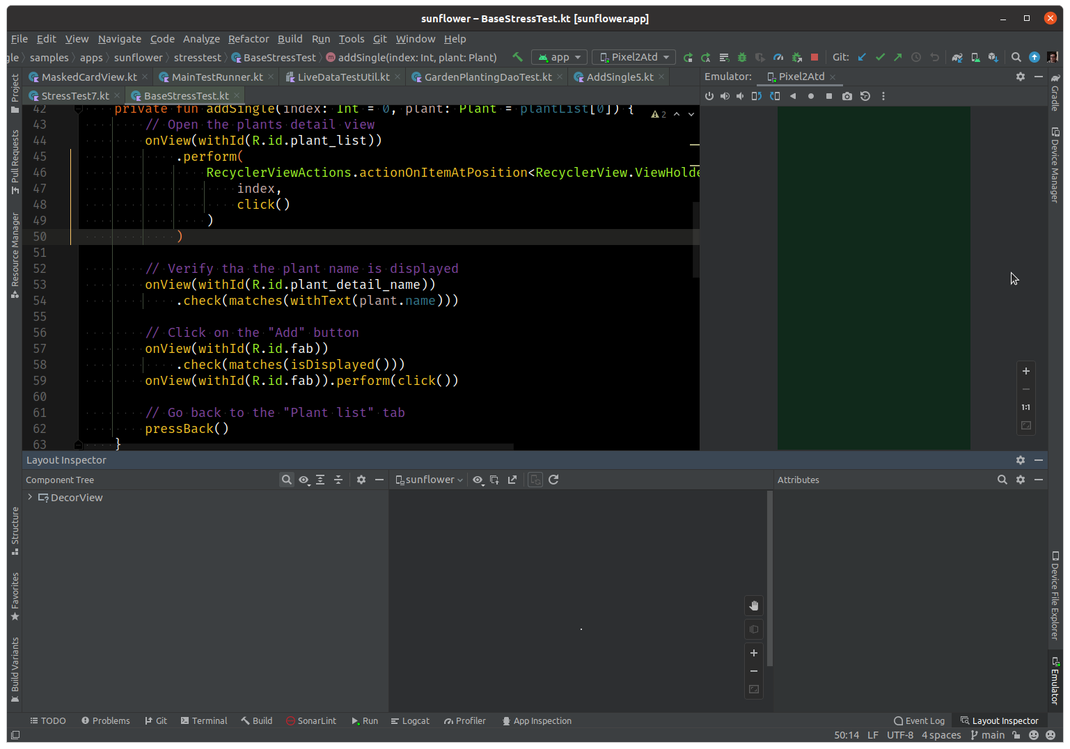 Android studio screenshot with ATD emulator on the right side and layout inspector open on the bottom
