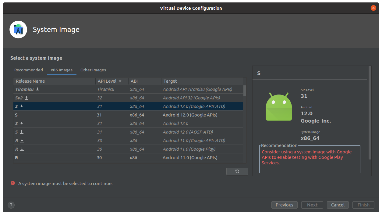 Android Studio virtual device creation dialog showing ATD images